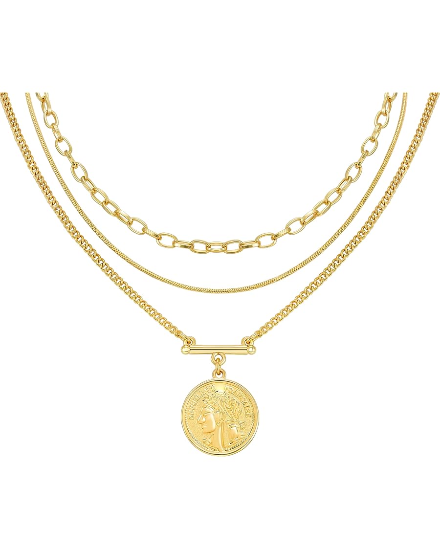 Gold Layered Necklaces for Women Girls Dainty Layering Coin Lock Eye Snake Pendant Jewelry Gifts